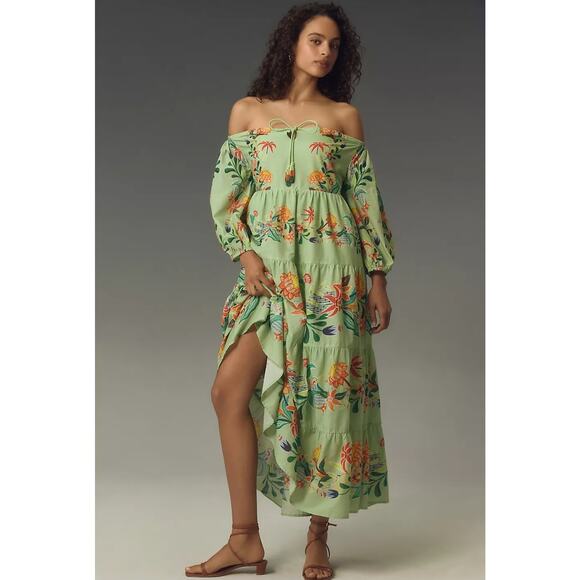 NWT Farm Rio x Anthropologie Off-The-Shoulder Tiered Floral Midi Dress $238 XXS - Picture 1 of 4
